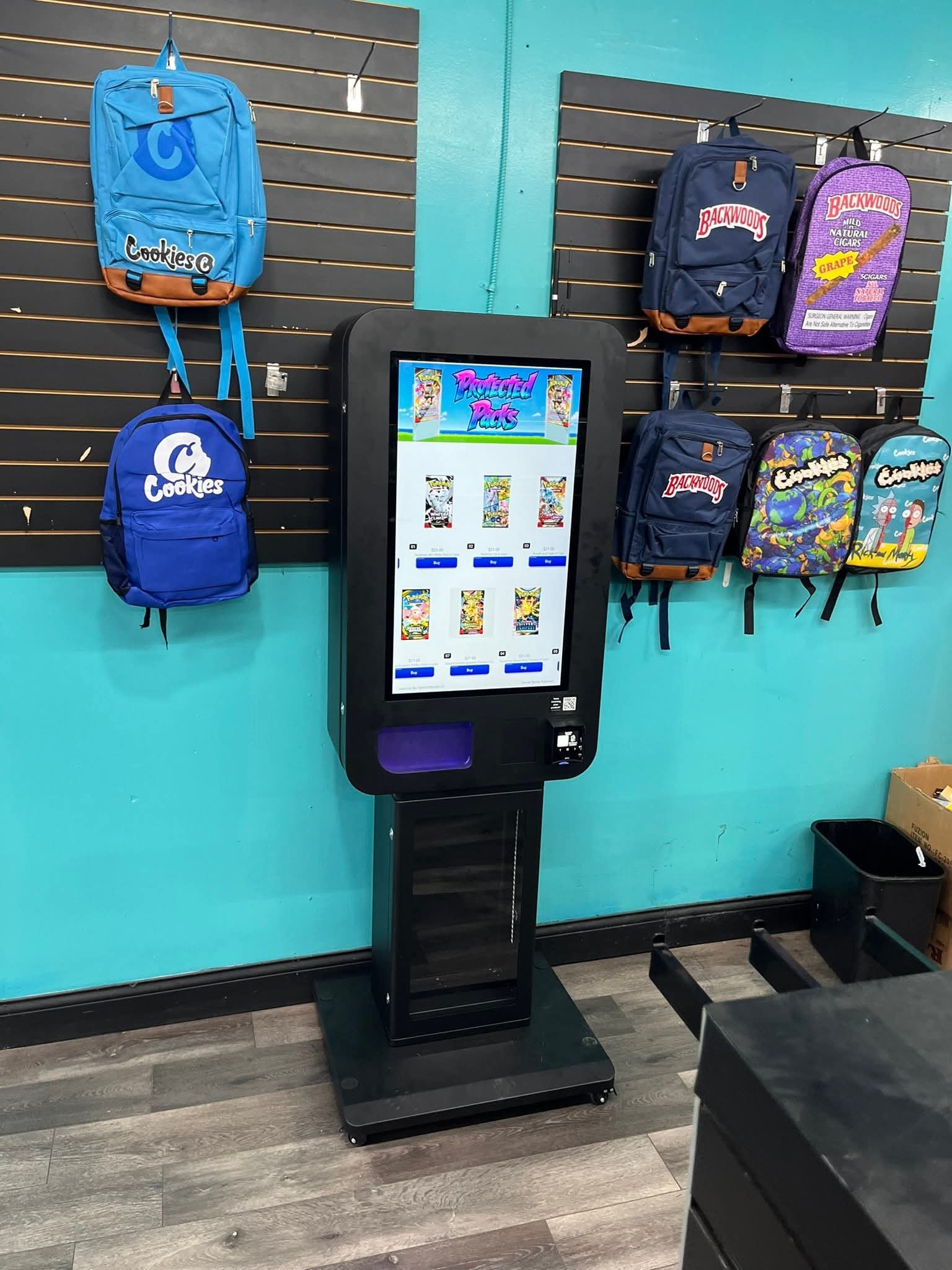 Compact touchscreen smart vending kiosk in a retail shop